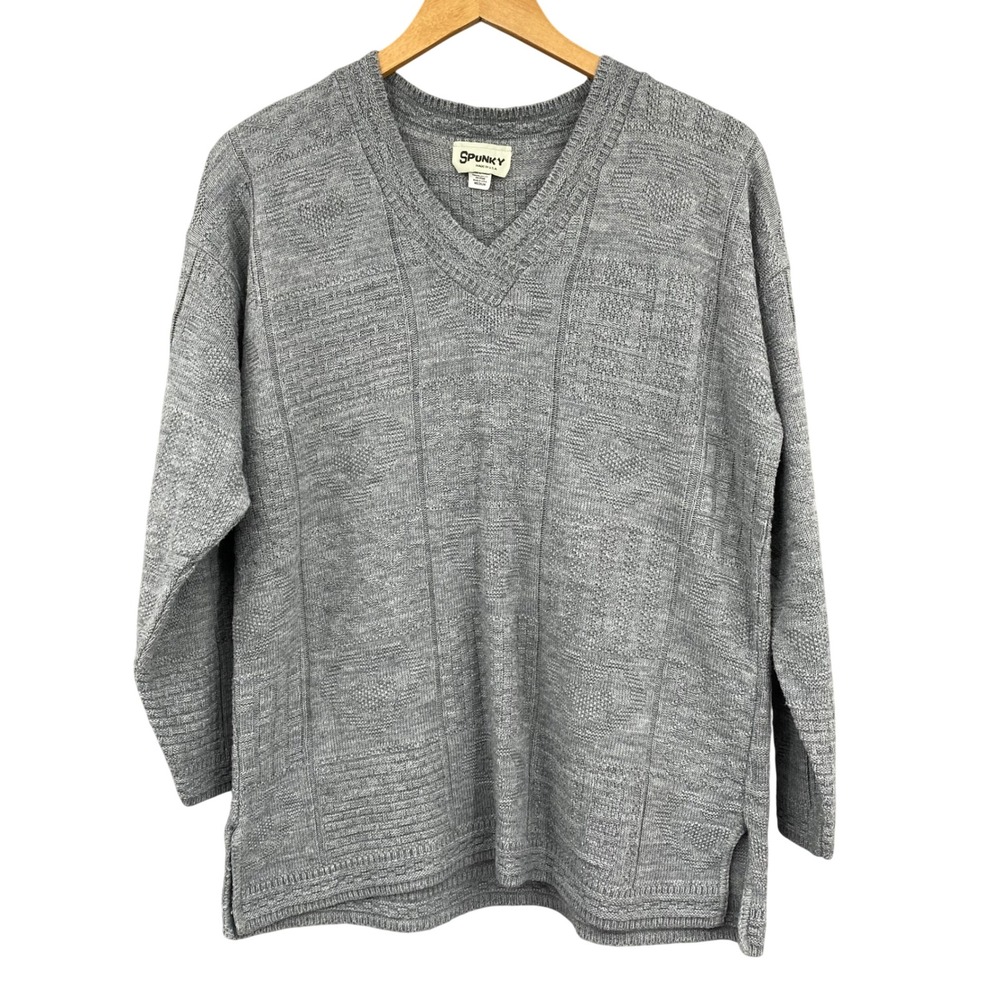 Vintage Spunky Grey Textured Heart Knit V-Neck Sweater Women's Medium